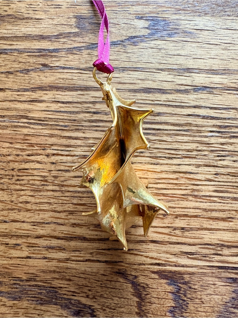 24K Gold Holly Leaf Hanging Christmas Ornament with Burgundy ribbon hanger - Picture 4 of 8